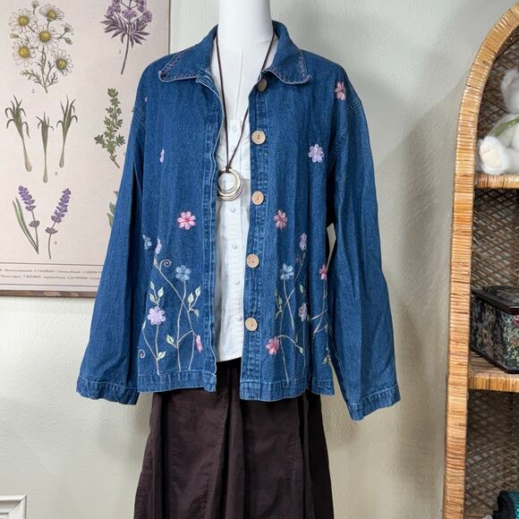 Vintage 90s Floral Embroidered Denim Shirt Cottage Coastal Grandma Prairie XL - Picture 1 of 6